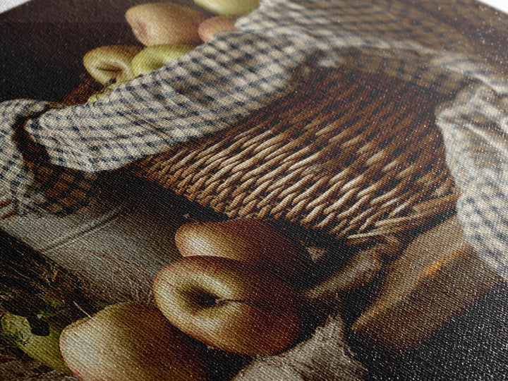 Apple Basket with Gingham Cloth Framed Canvas Print, Farmhouse Art, Oil Painting, Farmhouse Decor, Fine Art, Harvest, FAR-3x2-15