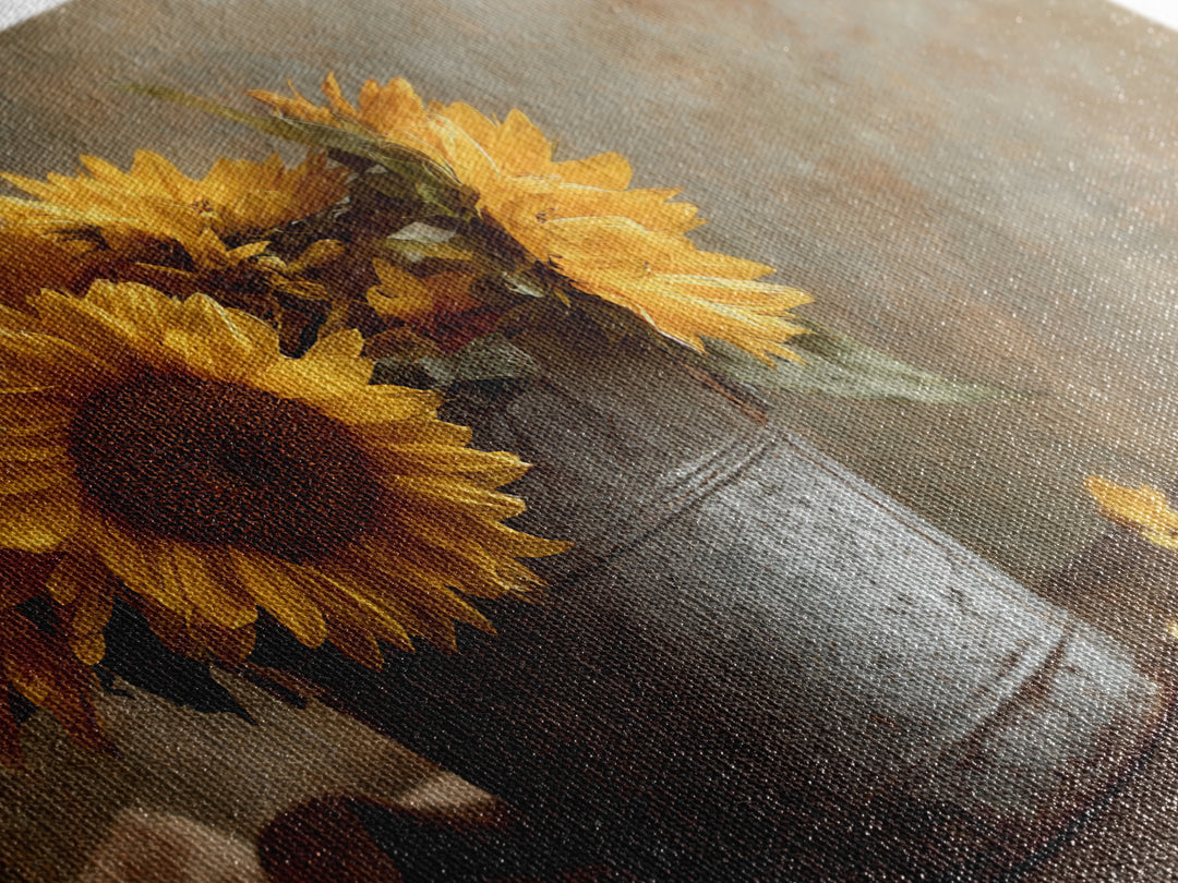 Sunflowers in a Galvanized Metal Bucket Framed Canvas Print, Farmhouse Art, Landscape Painting, Farmhouse Decor, Harvest, FAR-3x2-31