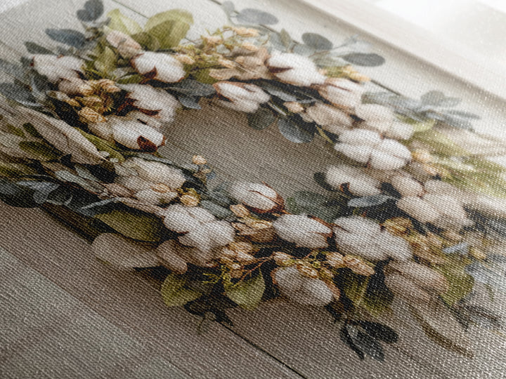 Farmhouse Wreath of Cotton Stems and Eucalyptus Canvas Print, Farmhouse Art, Farmhouse Wall Decor, Farmhouse Decor, Harvest, FAR-3x2-48