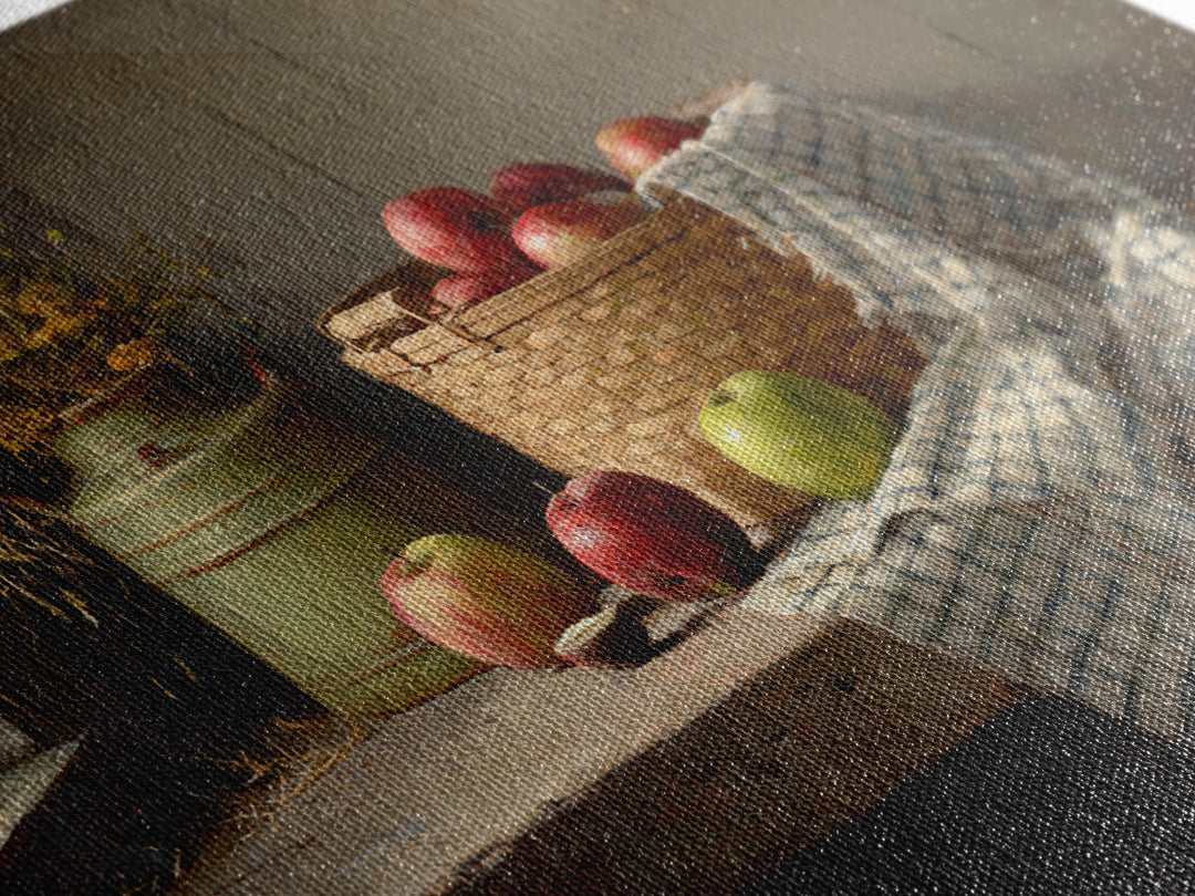 Apple Basket with Gingham Cloth Framed Canvas Print, Farmhouse Art, Digital Print, Farmhouse Decor, Fine Art, Harvest, FAR-3x2-63