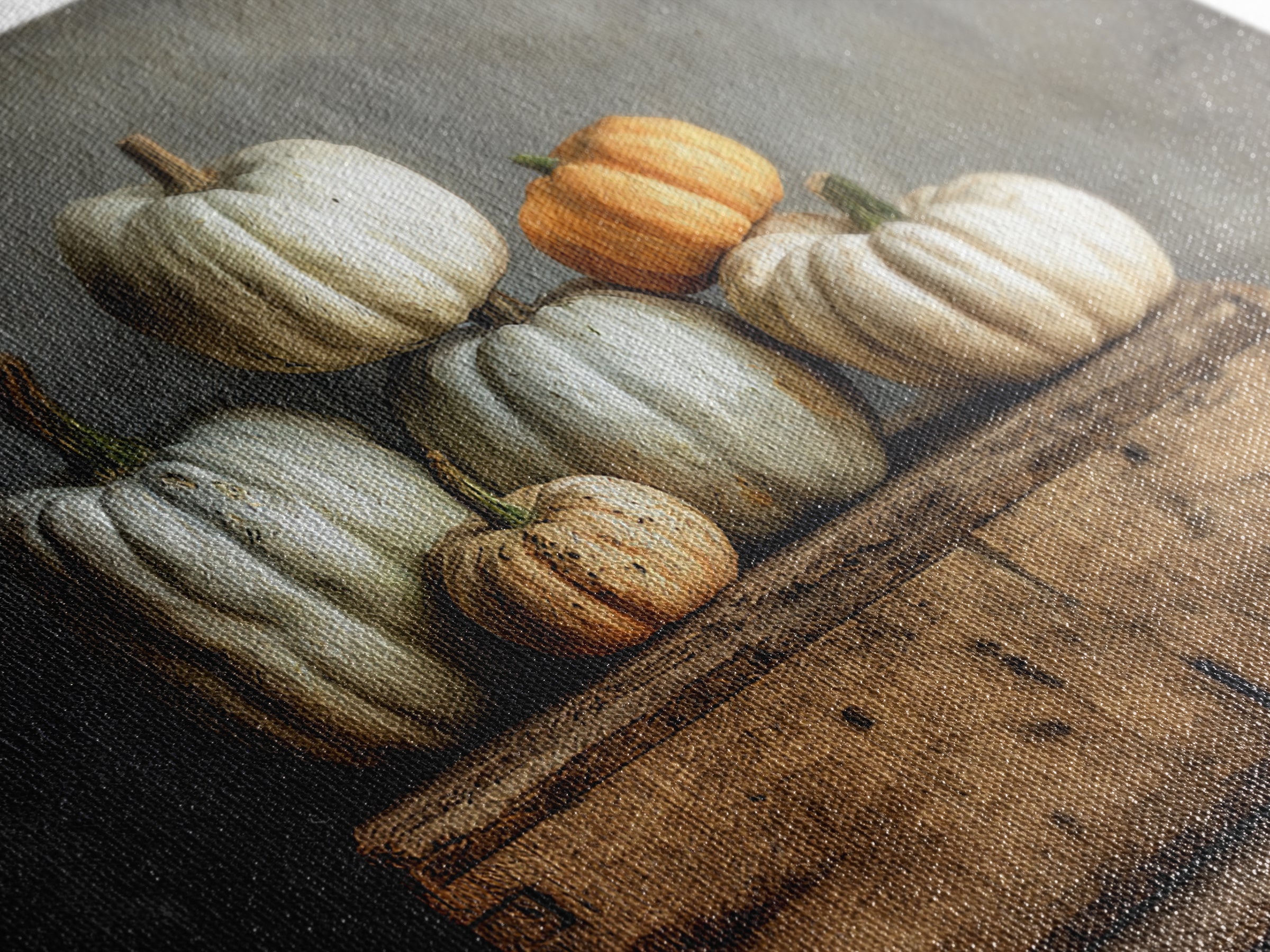 Pumpkins Stacked on a Wooden Crate Framed Canvas Print, Farmhouse Art, Botanical Prints, Farmhouse Decor, Watercolor Art, FAR-3x2-65