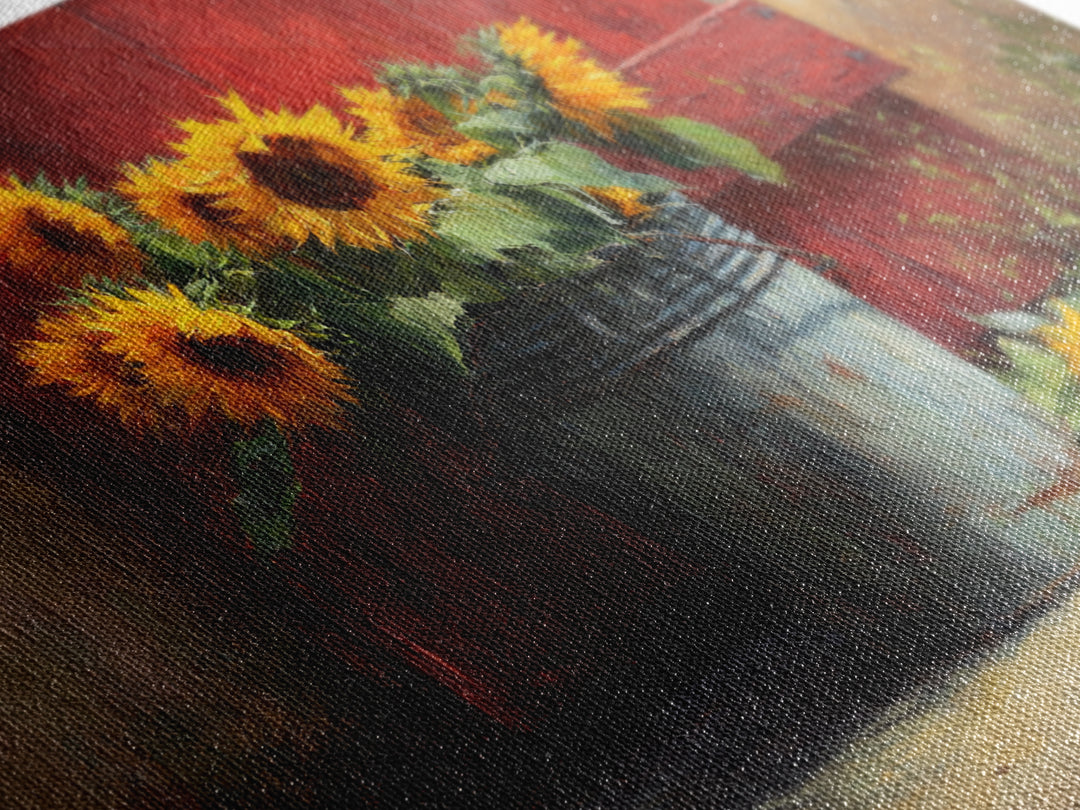 Sunflowers in a Galvanized Metal Bucket Framed Canvas Print, Farmhouse Art, Home Decor, Farmhouse Decor, Fine Art, Harvest, FAR-3x2-7