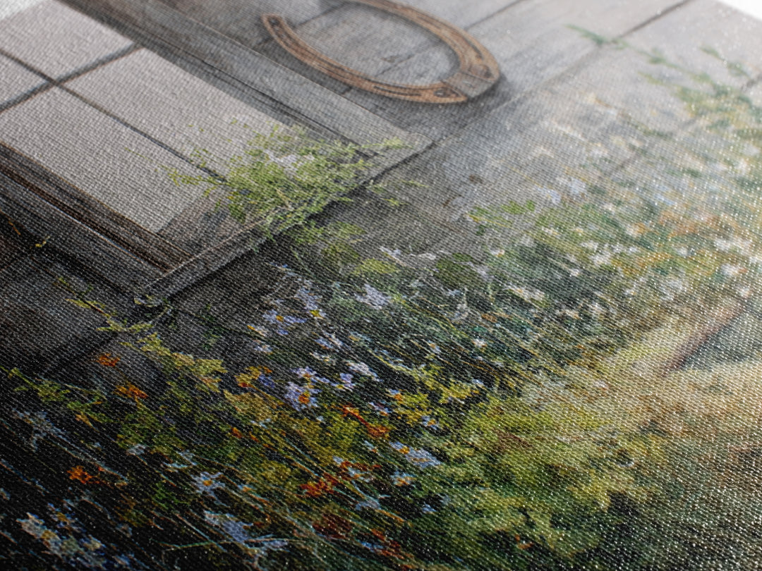 Weathered Horseshoe and Wildflowers Canvas Print, Farmhouse Art, Landscape Painting, Farmhouse Decor, Oil Painting, Harvest, FAR-3x2-73
