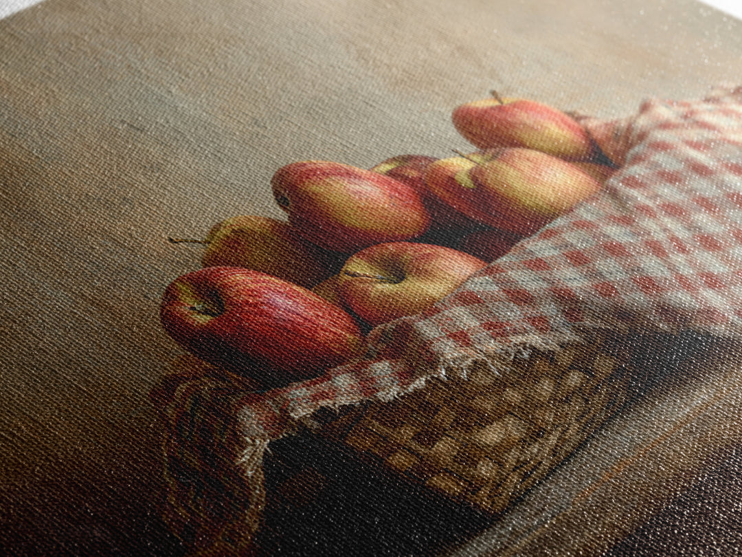 Apple Basket with Gingham Cloth Framed Canvas Print, Farmhouse Art, Fine Art Print, Farmhouse Decor, Fine Art, Harvest, FAR-3x2-87