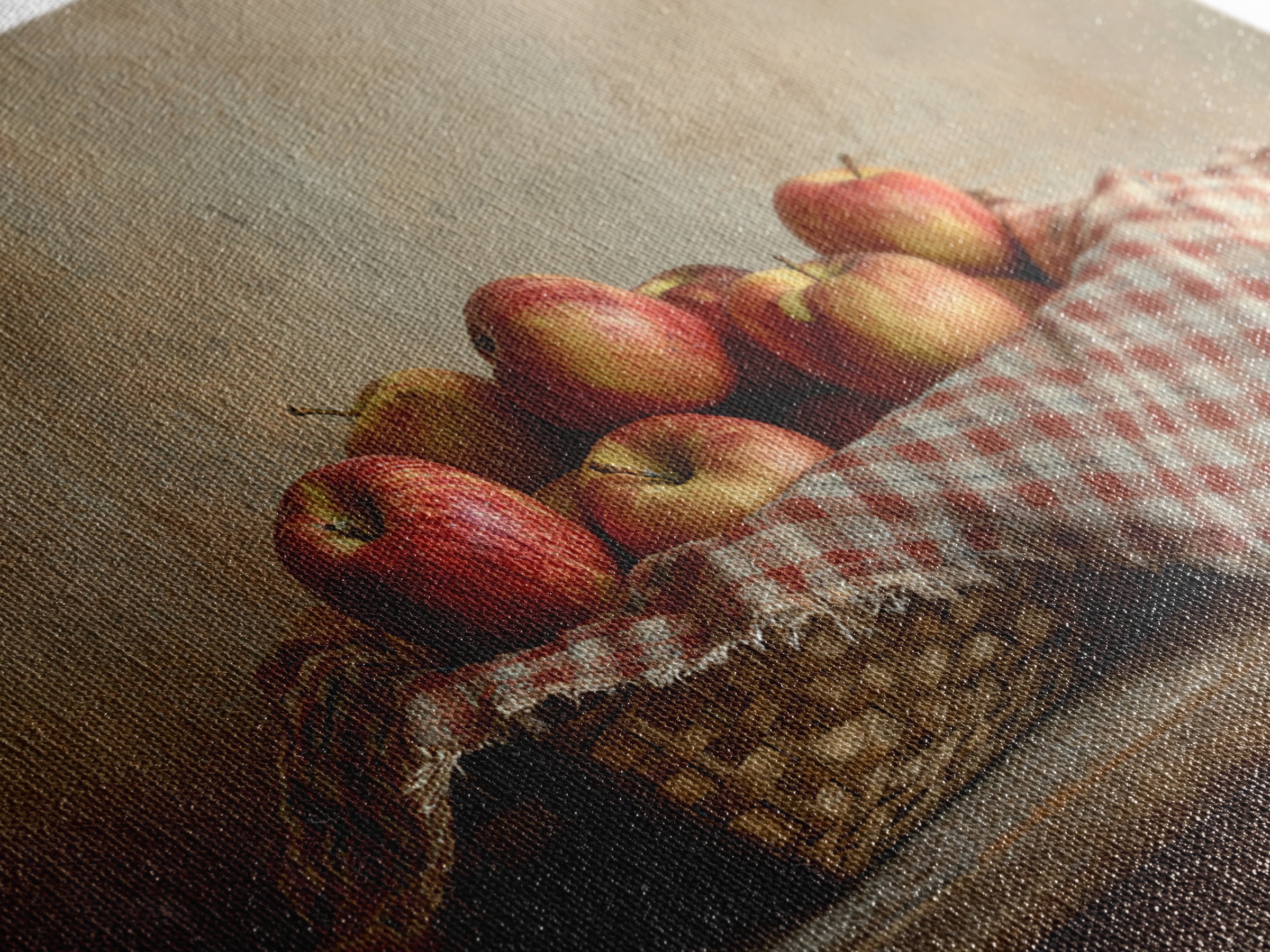 Apple Basket with Gingham Cloth Framed Canvas Print, Farmhouse Art, Fine Art Print, Farmhouse Decor, Fine Art, Harvest, FAR-3x2-87