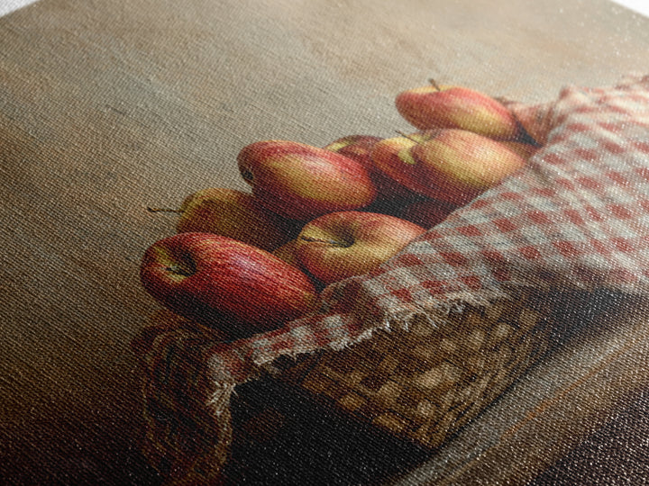 Apple Basket with Gingham Cloth Framed Canvas Print, Farmhouse Art, Fine Art Print, Farmhouse Decor, Fine Art, Harvest, FAR-3x2-87