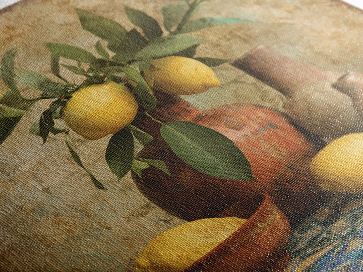 Aged Botanical Plate of Lemons and Leaves Framed Canvas Print, French Country Art, Digital Art, Farmhouse Decor, Oil Painting, FCA-1x1-12