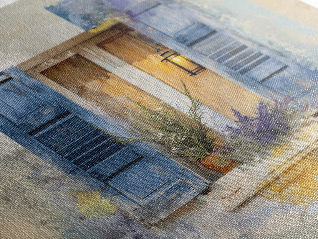 Weathered Window with Blue Shutters Canvas Print, French Country Art, Botanical Wall Art, Farmhouse Decor, Watercolor Art, FCA-1x1-45