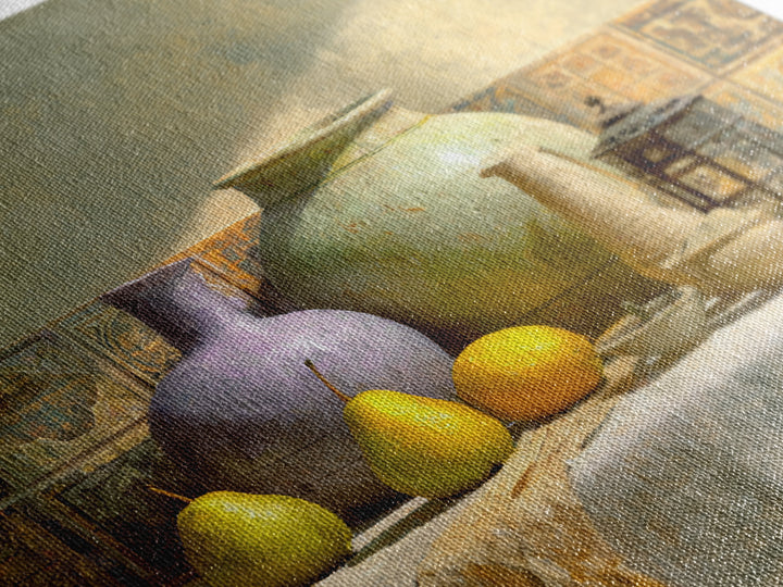 Pear Still Life on Linen Tablecloth Framed Canvas Print, French Country Art, Digital Art Prints, Farmhouse Decor, Abstract Art, FCA-1x1-52