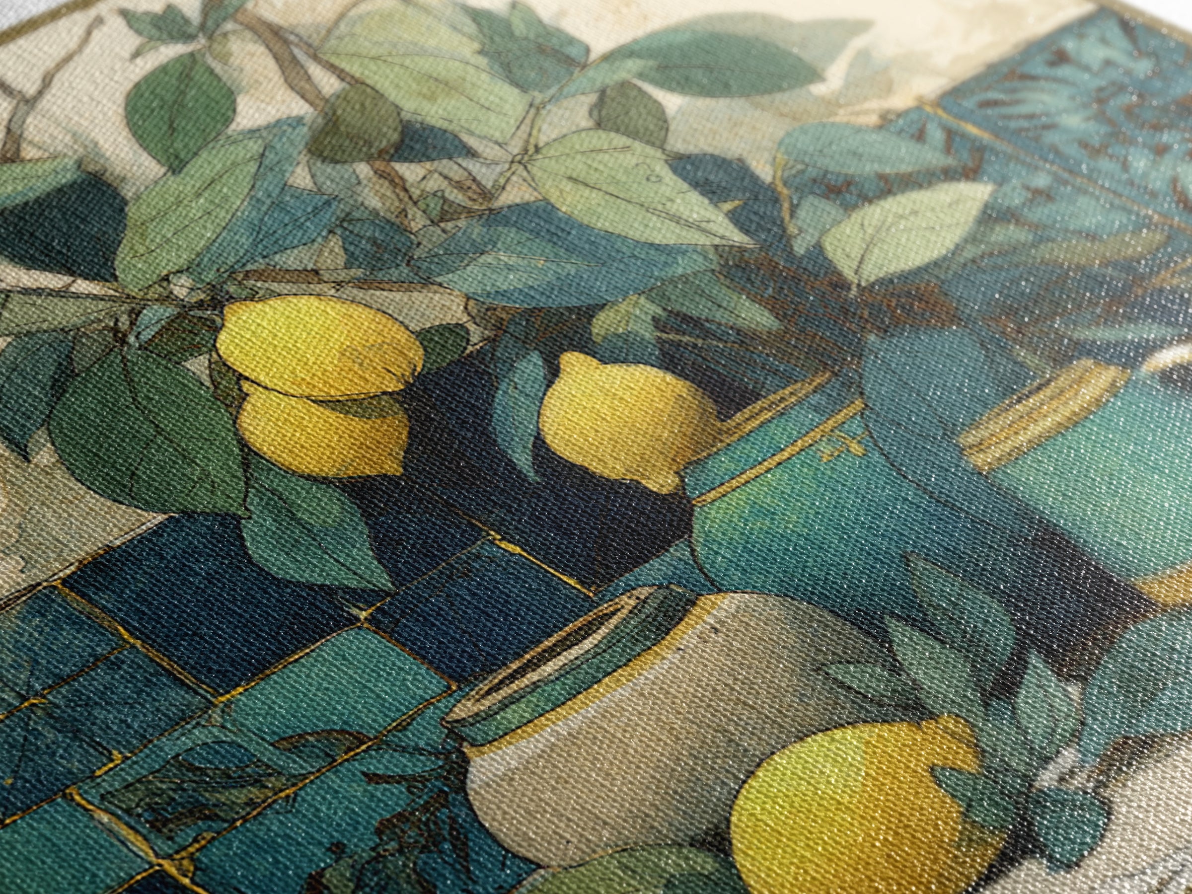 Aged Botanical Plate of Lemons and Leaves Canvas Print, French Country Art, Botanical Wall Art, Farmhouse Decor, Country, FCA-1x1-60