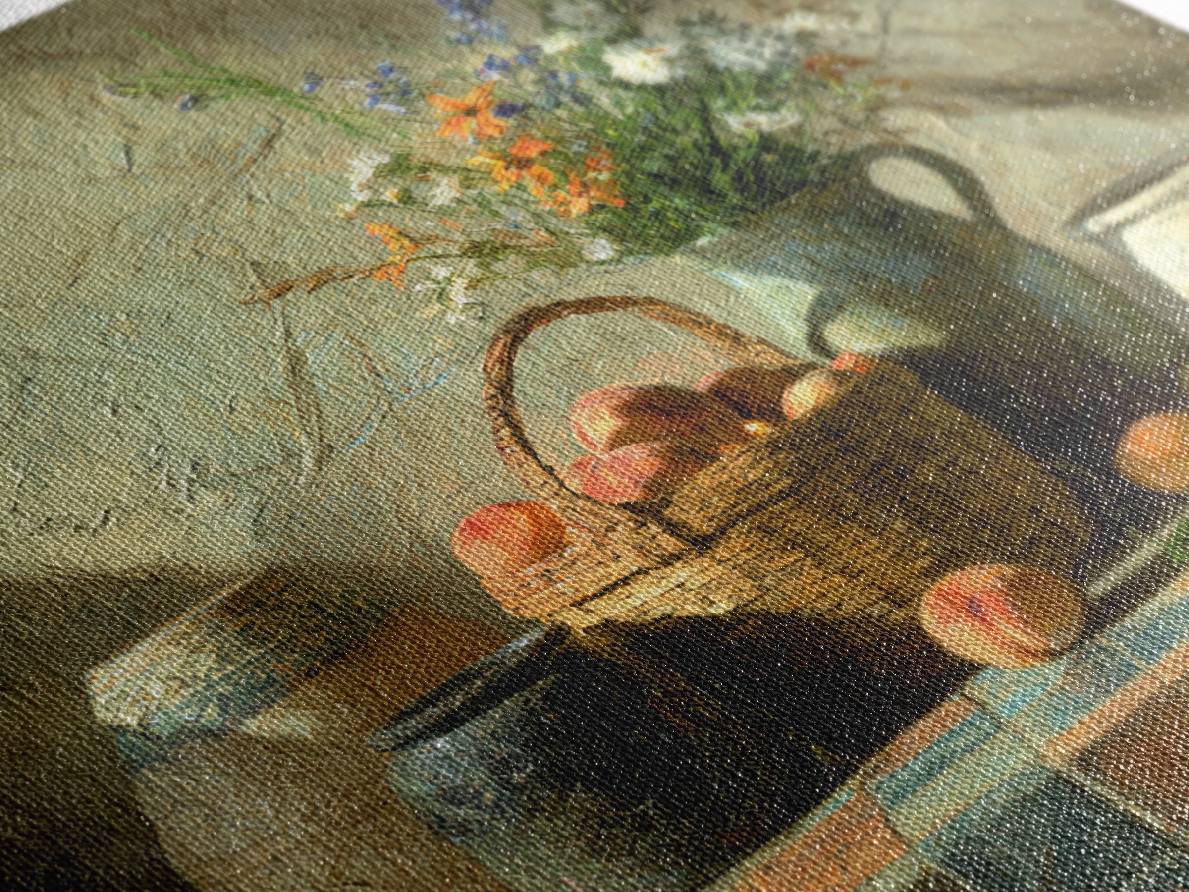Basket of Fresh Peaches and Wildflowers Canvas Print, French Country Art, Eclectic Wall Art, Farmhouse Decor, Country, FCA-1x1-68