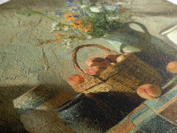 Basket of Fresh Peaches and Wildflowers Canvas Print, French Country Art, Eclectic Wall Art, Farmhouse Decor, Country, FCA-1x1-68