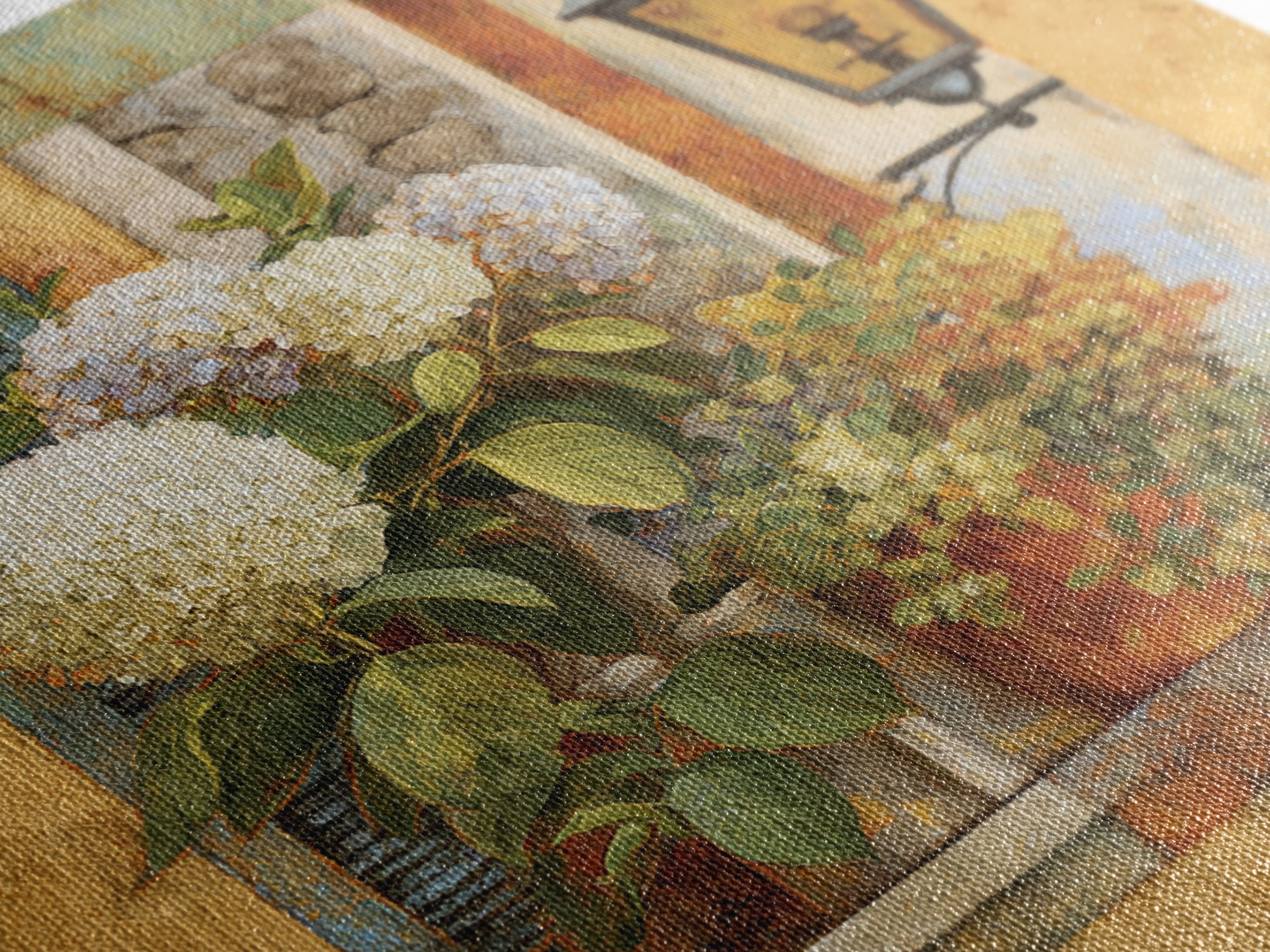 Soft Hydrangeas Beside Antique Shutters Framed Canvas Print, French Country Art, Home Decor, Farmhouse Decor, Fine Art, Country, FCA-1x1-80