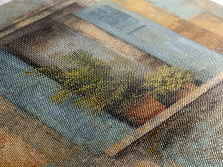 Weathered Window with Blue Shutters Framed Canvas Print, French Country Art, Landscape Wall Art, Farmhouse Decor, Oil Painting, FCA-1x1-93