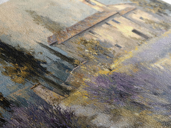 Lavender Field with Distant Stone Farmhouse Canvas Print, French Country Art, Farmhouse Decor, Oil Painting, Country, FCA-2x1-21