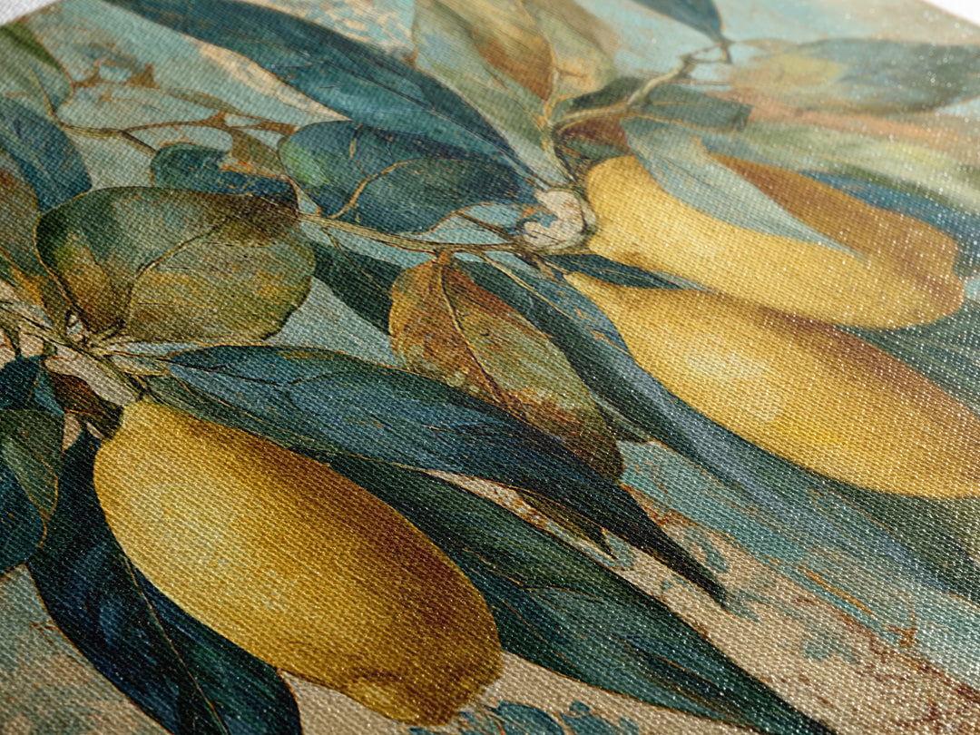Aged Botanical Plate of Lemons and Leaves Canvas Print, French Country Art, Farmhouse Decor, Watercolor Art, Country, FCA-2x1-32