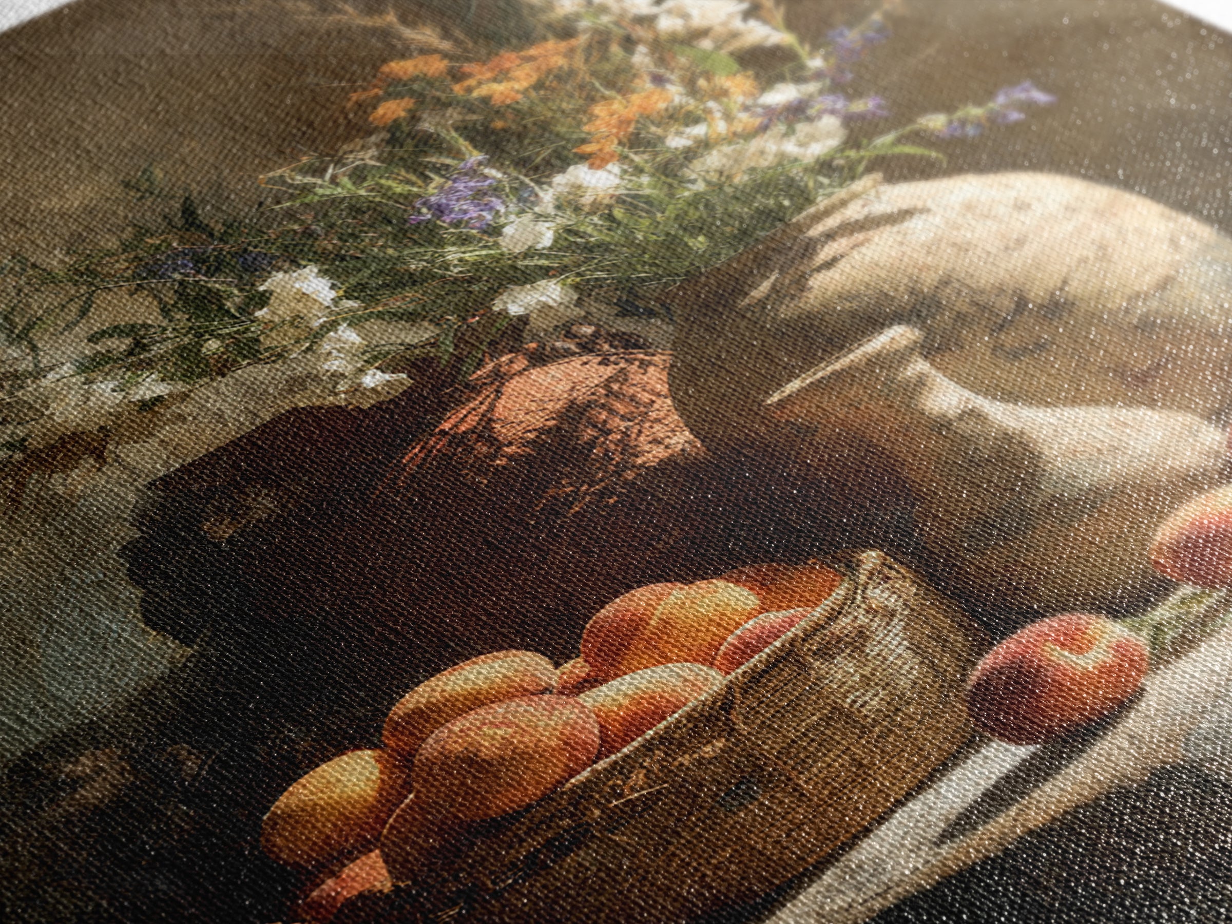Basket of Fresh Peaches and Wildflowers Canvas Print, French Country Art, Floral Wall Art, Farmhouse Decor, Country, FCA-2x3-100