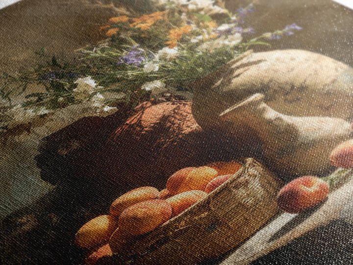 Basket of Fresh Peaches and Wildflowers Canvas Print, French Country Art, Floral Wall Art, Farmhouse Decor, Country, FCA-2x3-100
