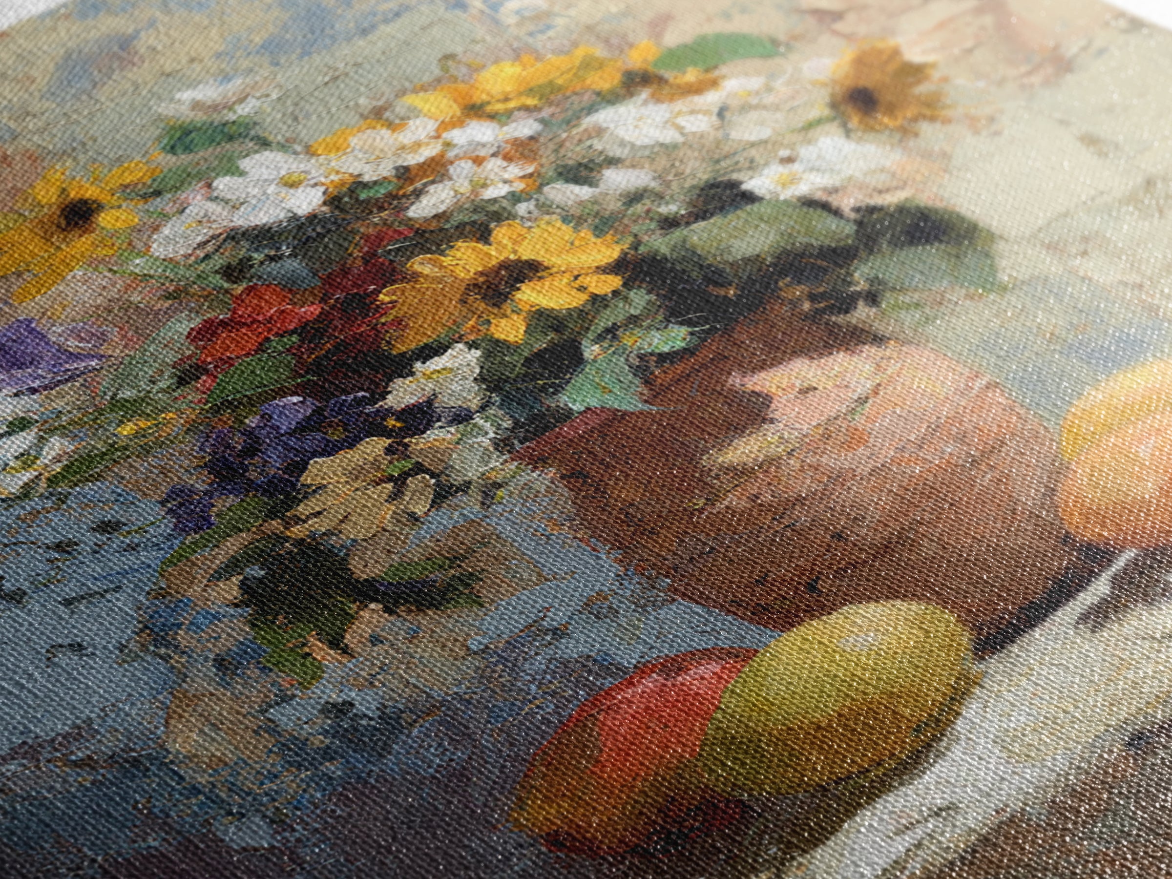 Basket of Fresh Peaches and Wildflowers Canvas Print, French Country Art, Textured Painting, Farmhouse Decor, Country, FCA-2x3-28