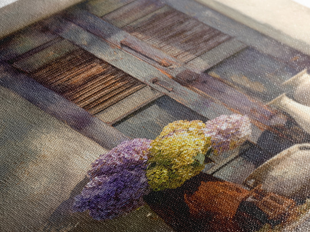 Soft Hydrangeas Beside Antique Shutters Canvas Print, French Country Art, Botanical Prints, Farmhouse Decor, Fine Art, Country, FCA-2x3-40