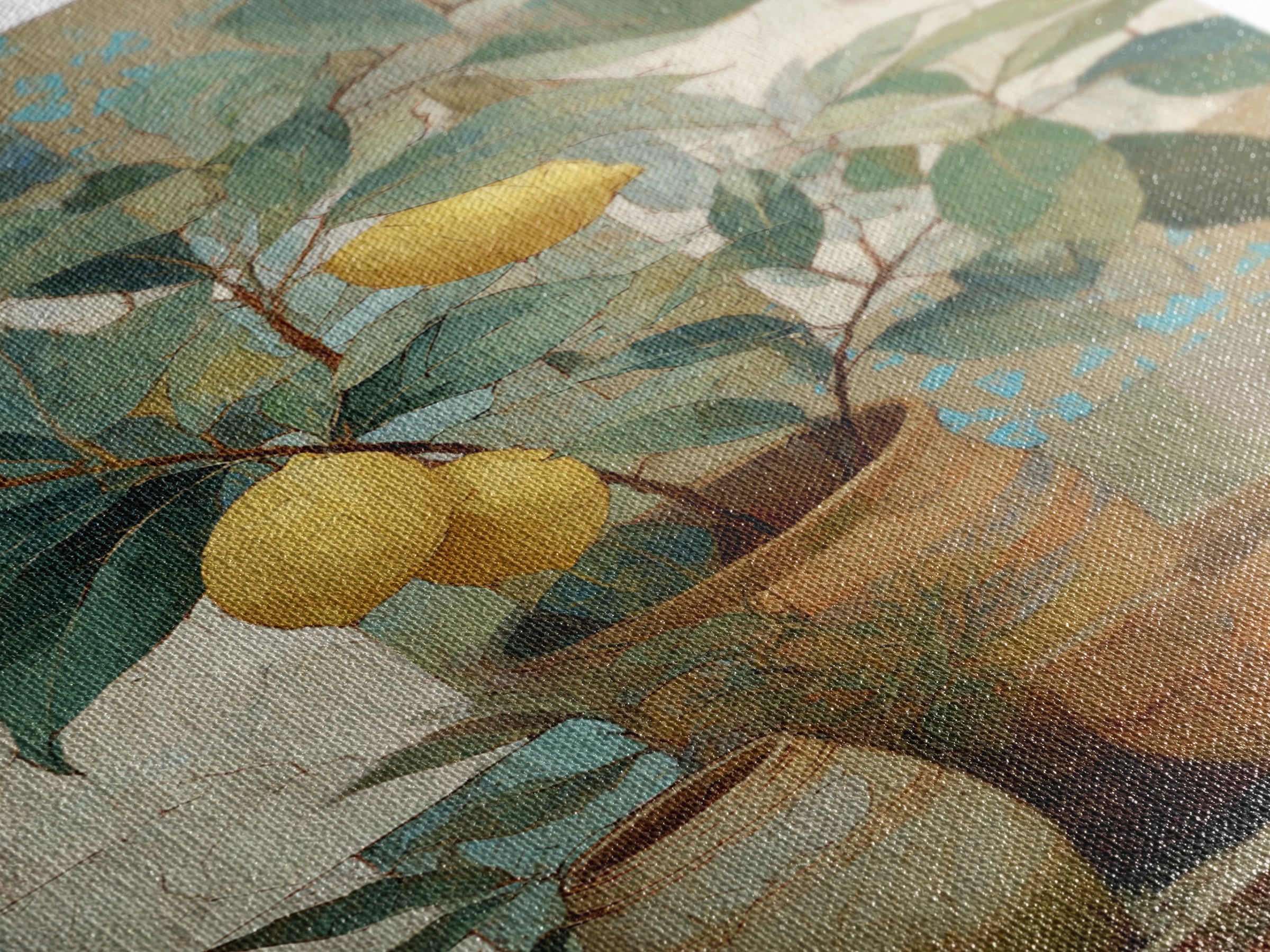 Aged Botanical Plate of Lemons and Leaves Framed Canvas Print, French Country Art, Farmhouse Decor, Watercolor Art, Country, FCA-2x3-44