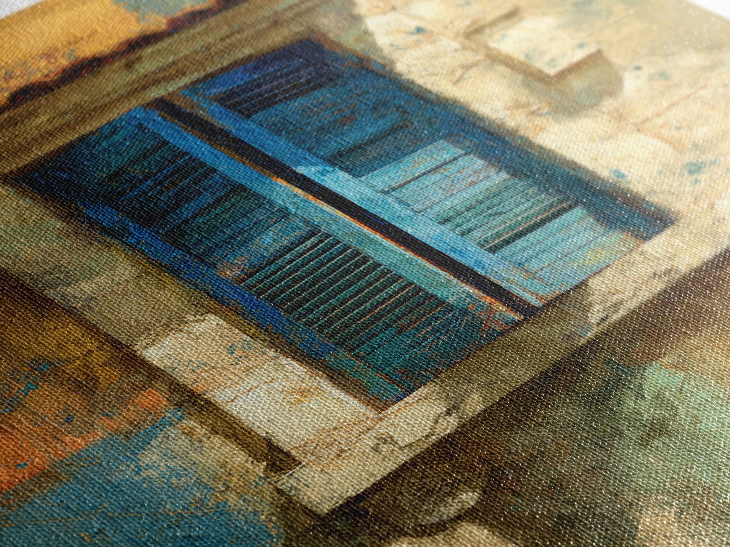 Weathered Window with Blue Shutters Framed Canvas Print, French Country Art, Boho Decor, Farmhouse Decor, Oil Painting, Country, FCA-2x3-53