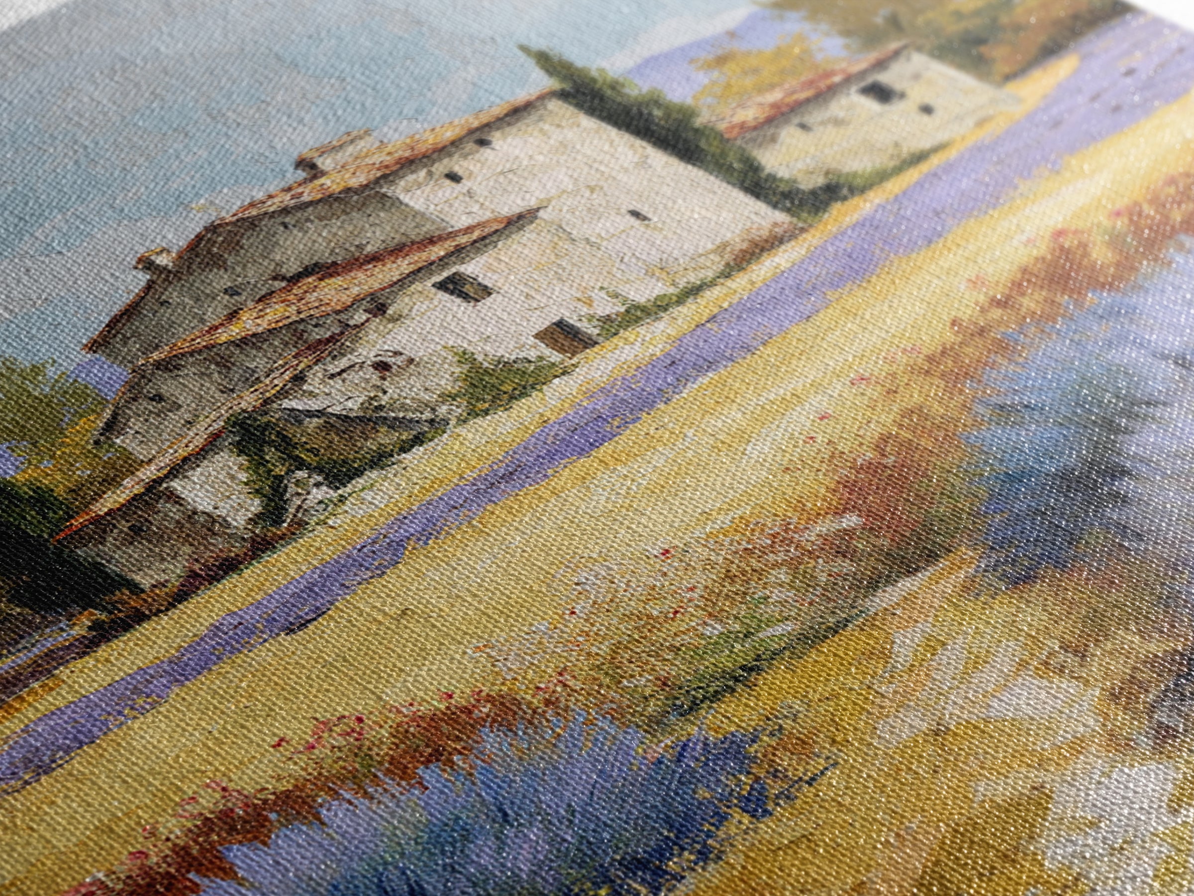 Lavender Field with Distant Stone Farmhouse Canvas Print, French Country Art, Minimalist Decor, Farmhouse Decor, Oil Painting, FCA-2x3-81