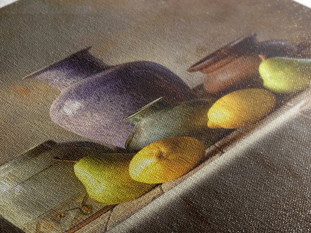 Pear Still Life on Linen Tablecloth Framed Canvas Print, French Country Art, Farmhouse Decor, Abstract Art, Country, FCA-2x3-84