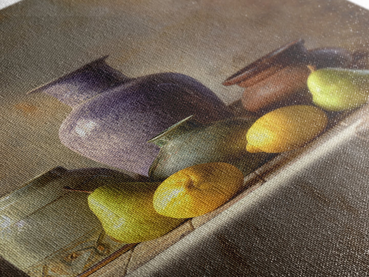Pear Still Life on Linen Tablecloth Framed Canvas Print, French Country Art, Farmhouse Decor, Abstract Art, Country, FCA-2x3-84