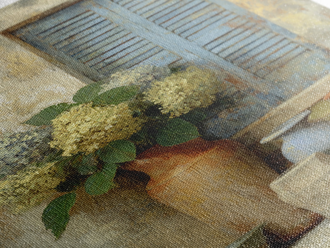 Soft Hydrangeas Beside Antique Shutters Framed Canvas Print, French Country Art, Neutral Decor, Farmhouse Decor, Country, FCA-2x3-88