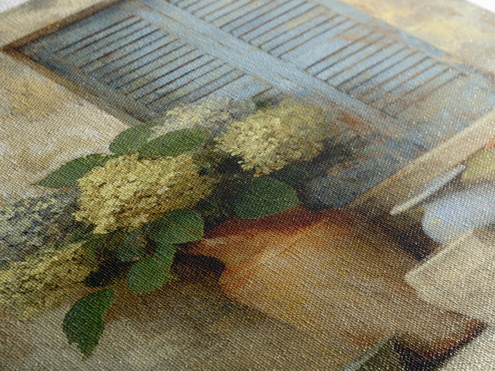 Soft Hydrangeas Beside Antique Shutters Framed Canvas Print, French Country Art, Neutral Decor, Farmhouse Decor, Country, FCA-2x3-88