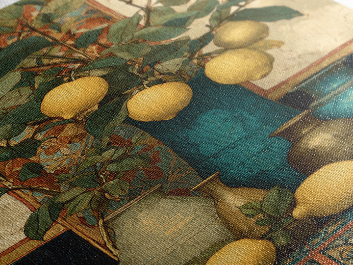 Aged Botanical Plate of Lemons and Leaves Framed Canvas Print, French Country Art, Farmhouse Decor, Fine Art, Country, FCA-2x3-92