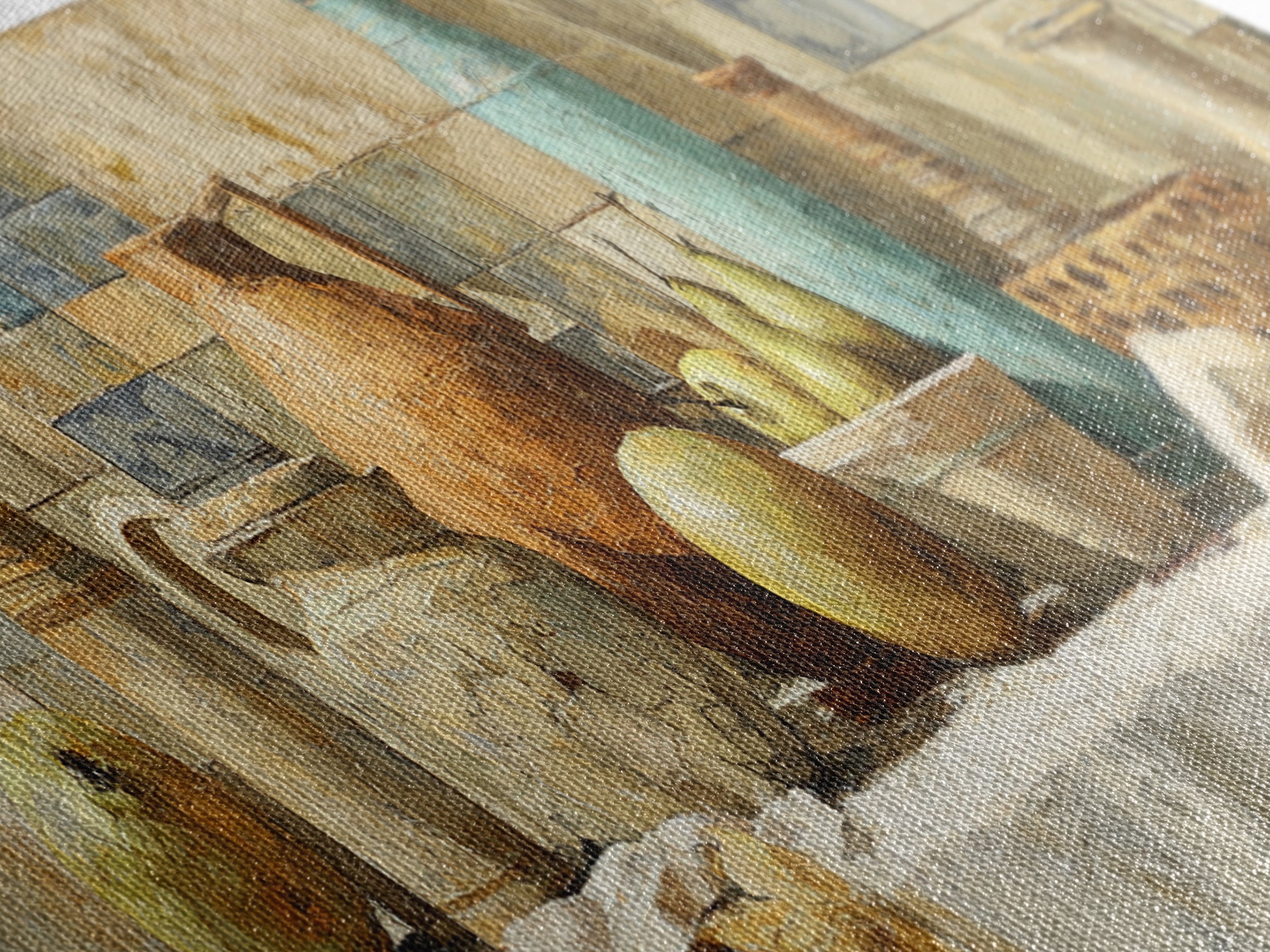 Pear Still Life on Linen Tablecloth Framed Canvas Print, French Country Art, Above Bed Art, Farmhouse Decor, Abstract Art, FCA-3x1-44