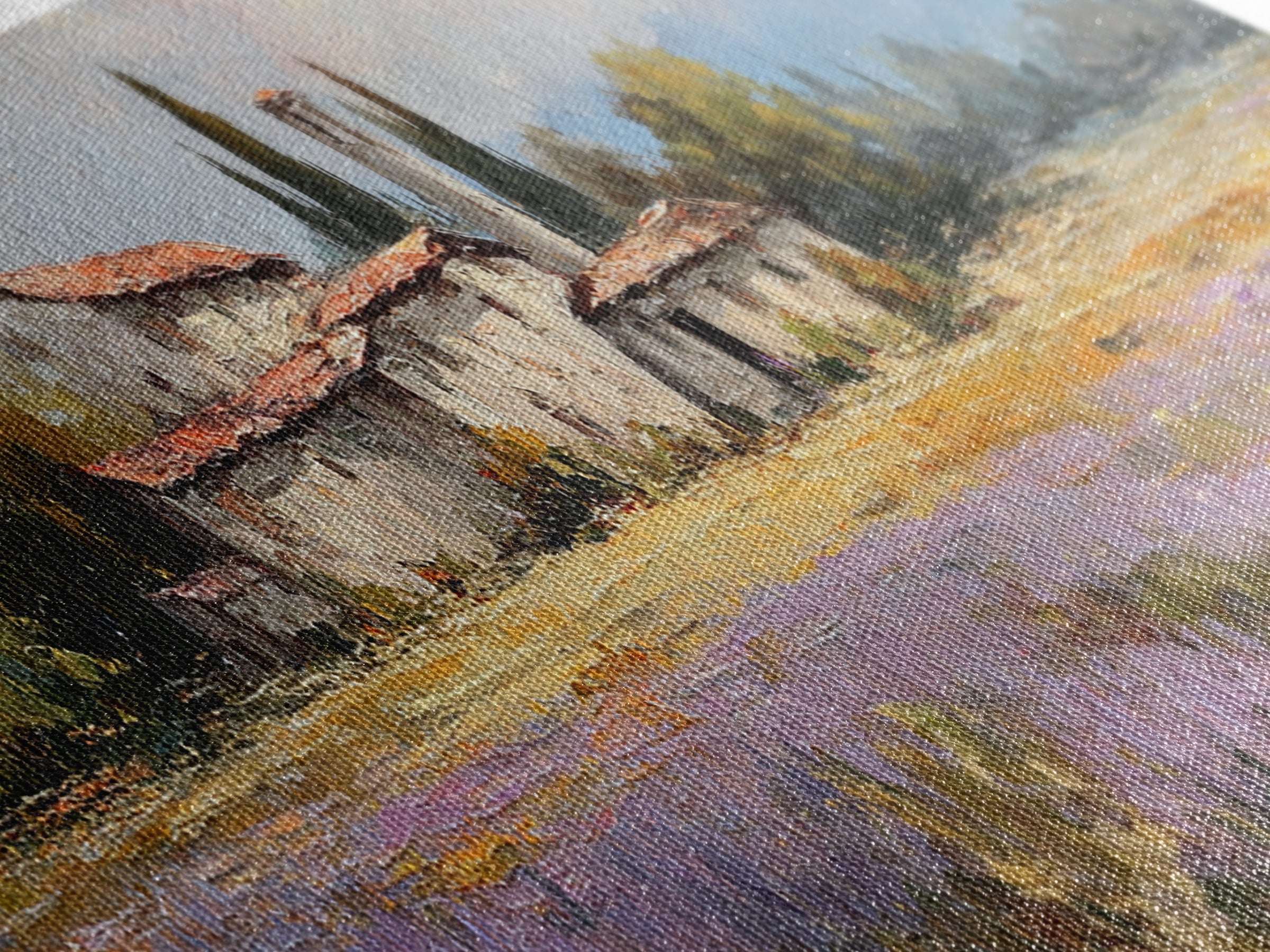 Lavender Field with Distant Stone Farmhouse Canvas Print, French Country Art, Printable Art, Farmhouse Decor, Watercolor Art, FCA-3x1-65