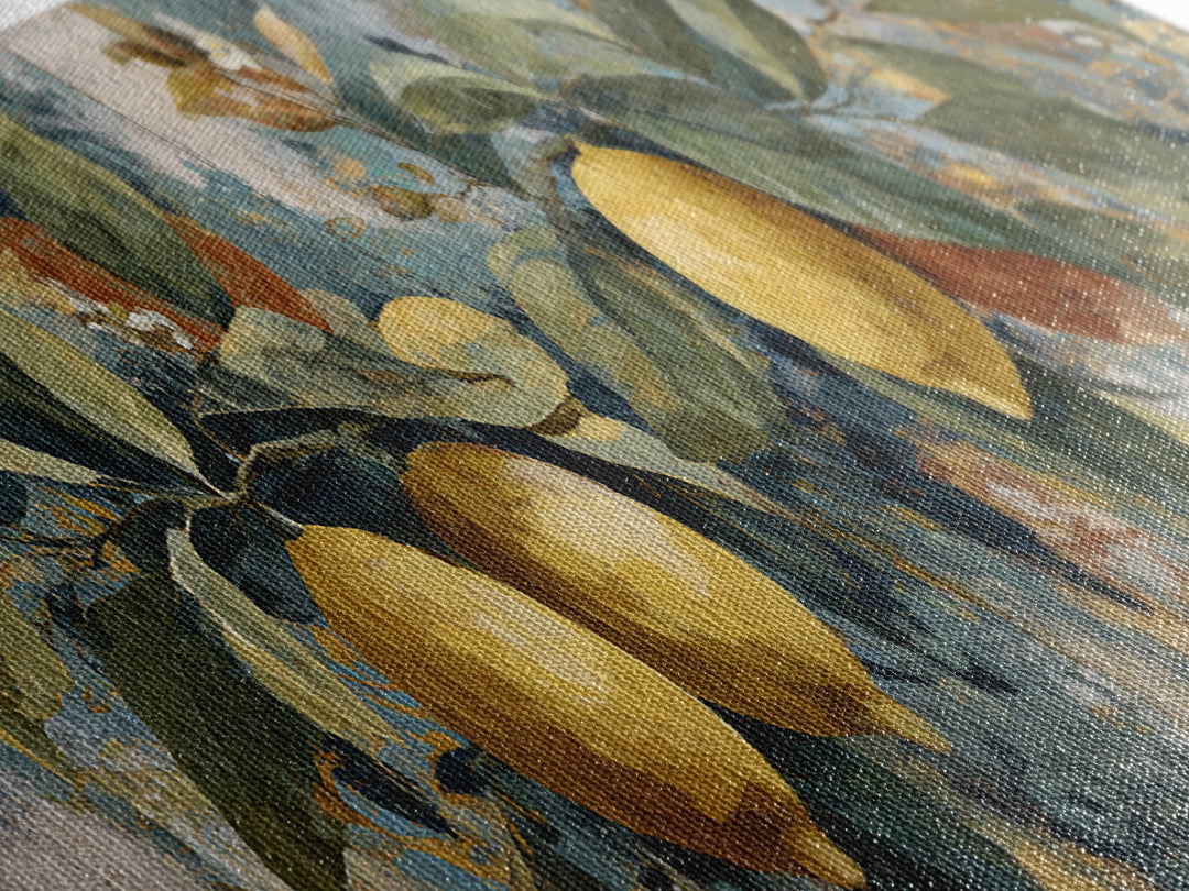 Aged Botanical Plate of Lemons and Leaves Canvas Print, French Country Art, Farmhouse Decor, Oil Painting, Country, FCA-3x1-76
