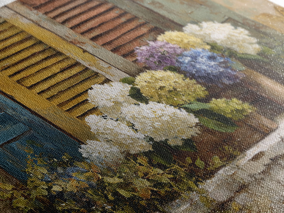 Soft Hydrangeas Beside Antique Shutters Canvas Print, French Country Art, Luxury Decor, Farmhouse Decor, Fine Art, Country, FCA-3x2-12