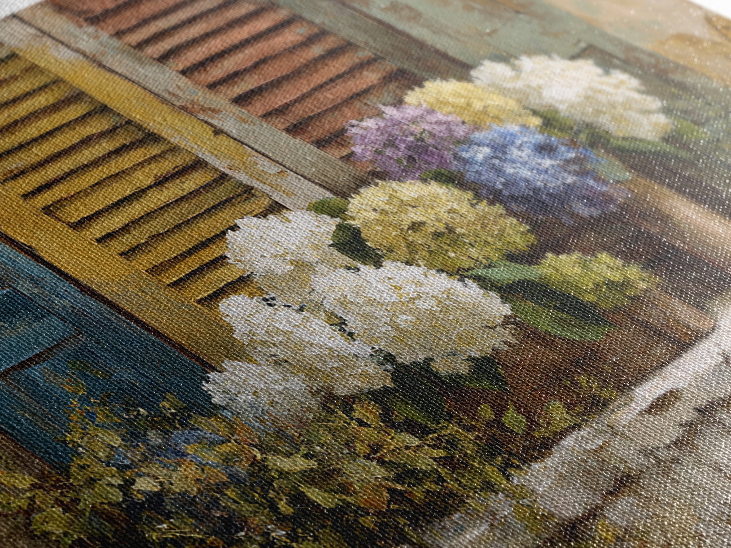 Soft Hydrangeas Beside Antique Shutters Canvas Print, French Country Art, Luxury Decor, Farmhouse Decor, Fine Art, Country, FCA-3x2-12