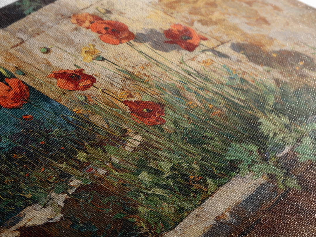Poppies Beside a Stone Garden Wall Framed Canvas Print, French Country Art, Wall Art, Farmhouse Decor, Fine Art, Country, FCA-3x2-19