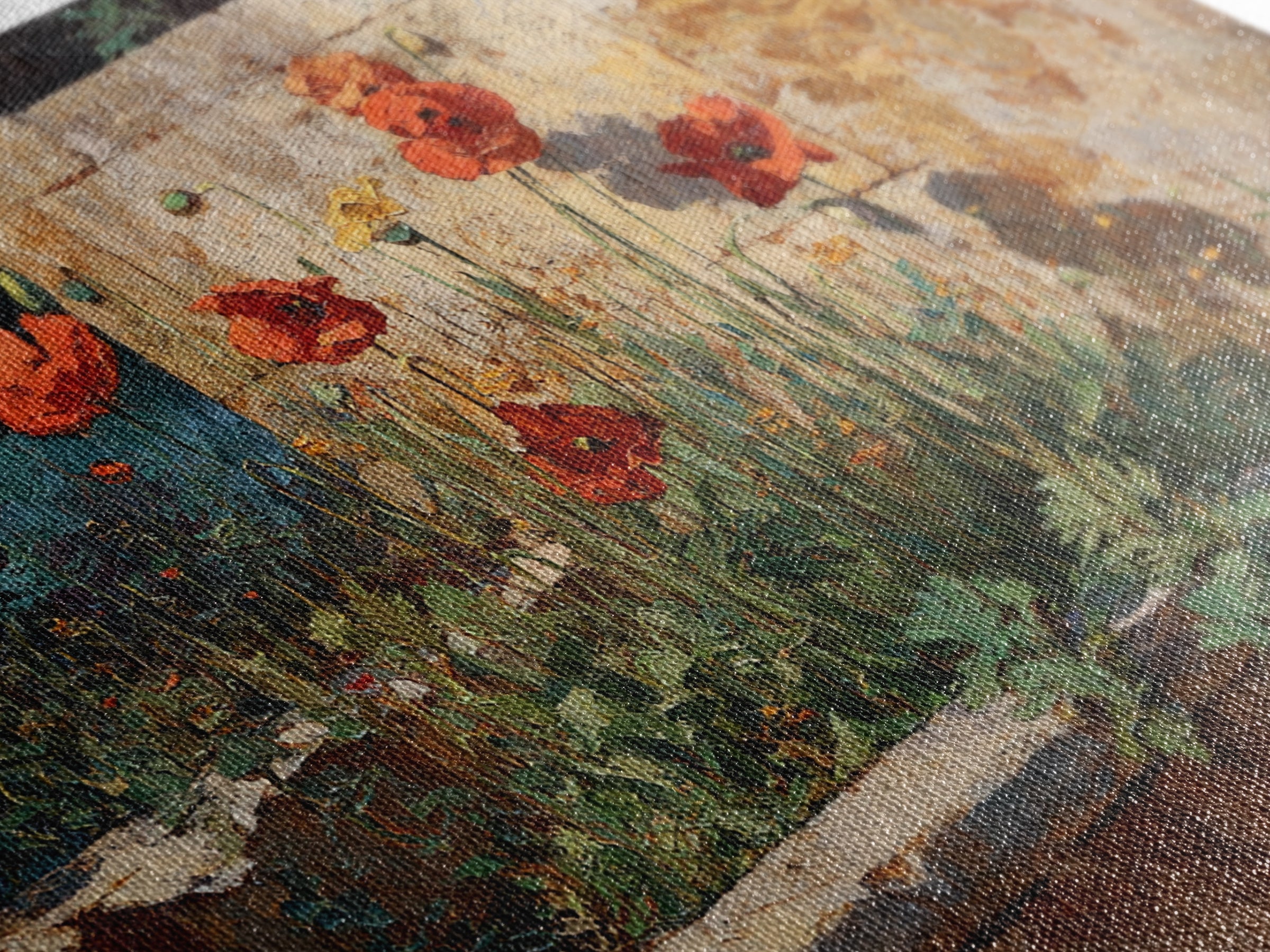 Poppies Beside a Stone Garden Wall Framed Canvas Print, French Country Art, Wall Art, Farmhouse Decor, Fine Art, Country, FCA-3x2-19