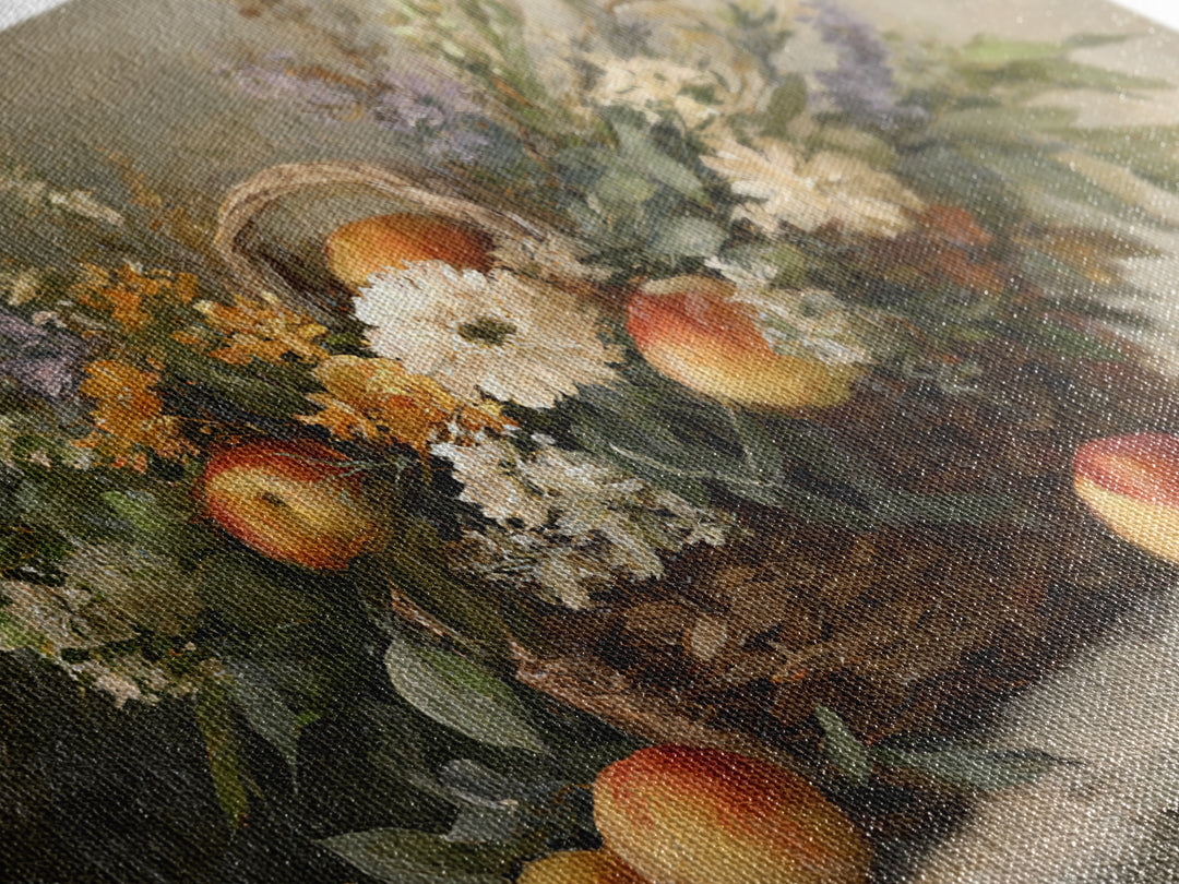 Basket of Fresh Peaches and Wildflowers Framed Canvas Print, French Country Art, Textured Painting, Farmhouse Decor, Country, FCA-3x2-24