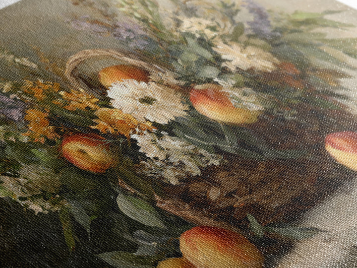 Basket of Fresh Peaches and Wildflowers Framed Canvas Print, French Country Art, Textured Painting, Farmhouse Decor, Country, FCA-3x2-24