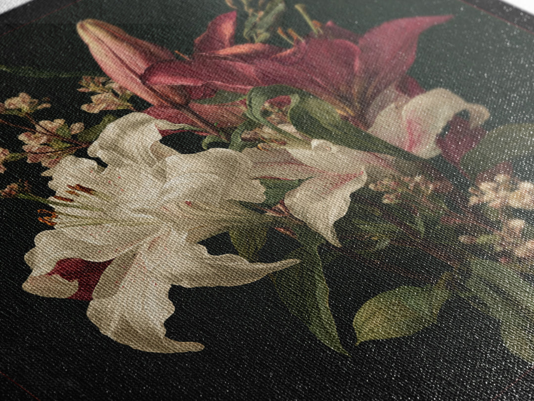 Lily Bouquet with Dramatic Dark Background Framed Canvas Print, Floral Art, Dark Academia Decor, Living Room Decor, Bloom, FLO-1x1-44