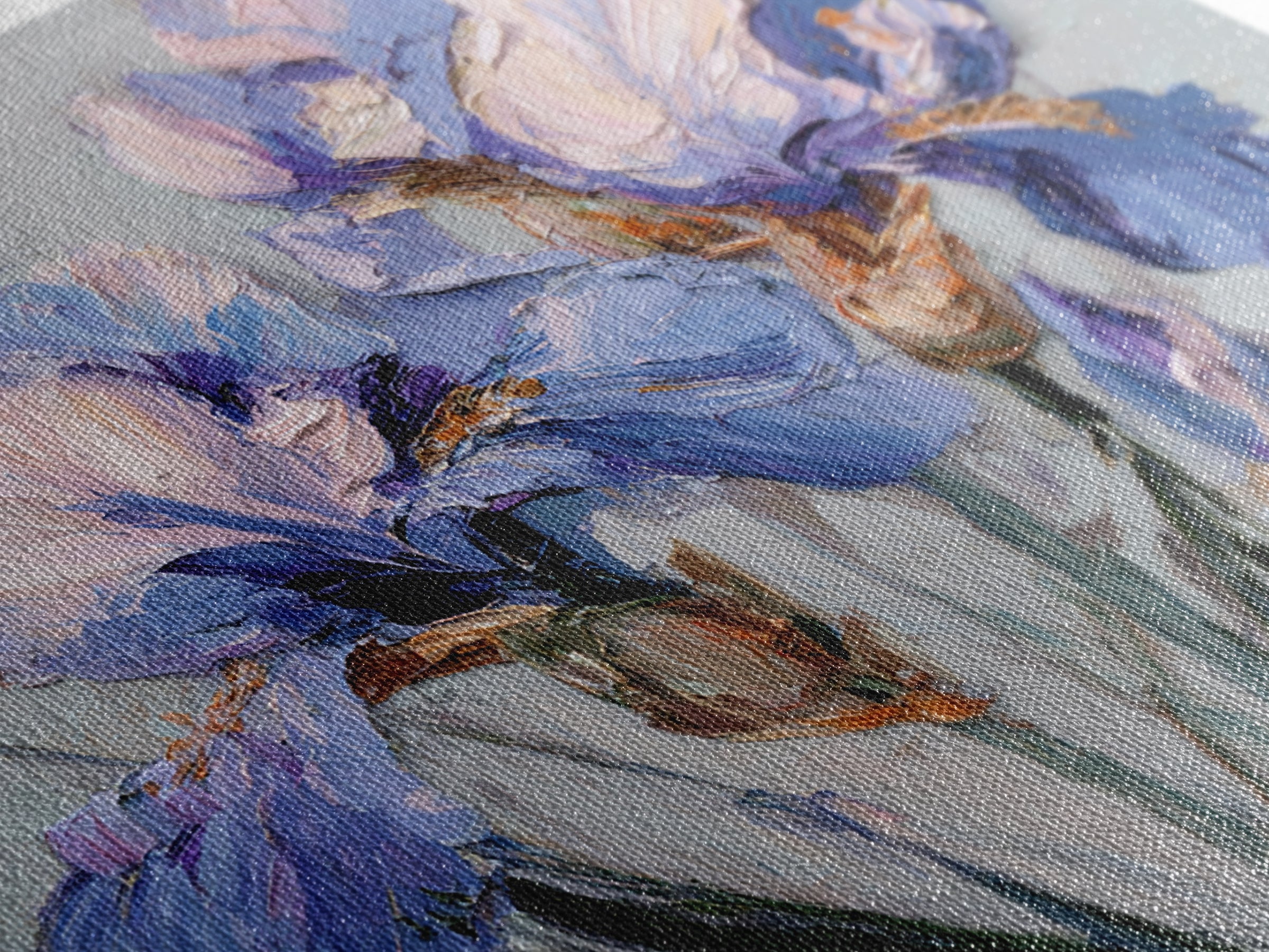 Irises Painted with Expressive Blue Strokes Framed Canvas Print, Floral Art, Botanical Curtain, Living Room Decor, Oil Painting, FLO-1x1-46