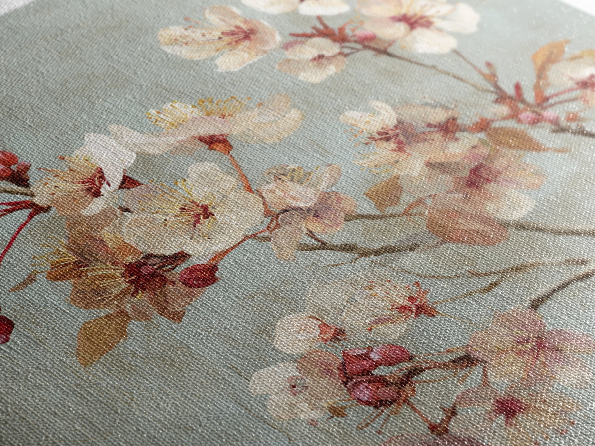 Delicate Cherry Blossom Branch on Pale Sky Framed Canvas Print, Floral Art, Statement Artwork, Living Room Decor, Bloom, FLO-1x1-78