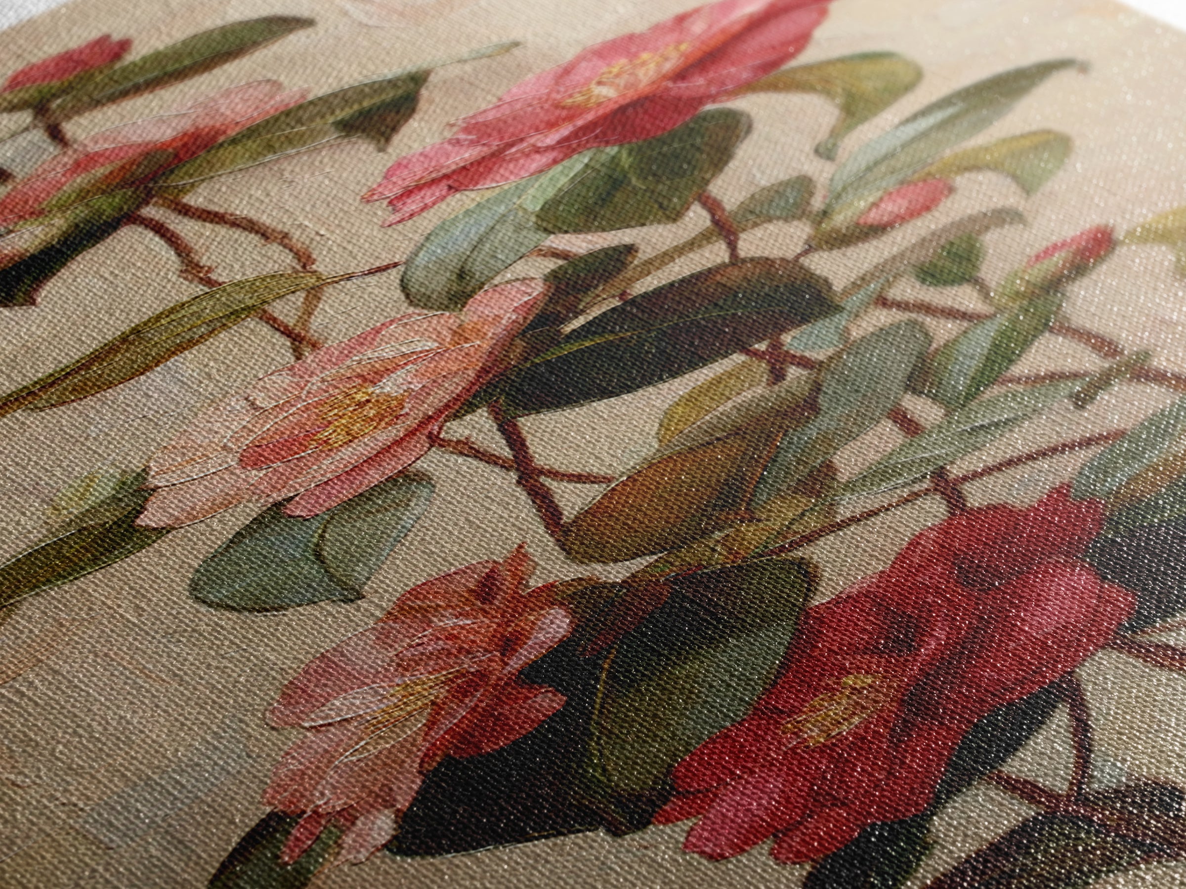 Camellia Bloom with Glossy Leaves Canvas Print, Floral Art, Botanical Curtain, Living Room Decor, Oil Painting, Bloom, FLO-1x3-100