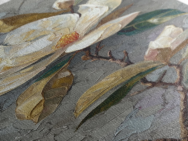Single White Magnolia on Charcoal Ground Canvas Print, Floral Art, Botanical Art, Living Room Decor, Oil Painting, Bloom, FLO-1x3-40