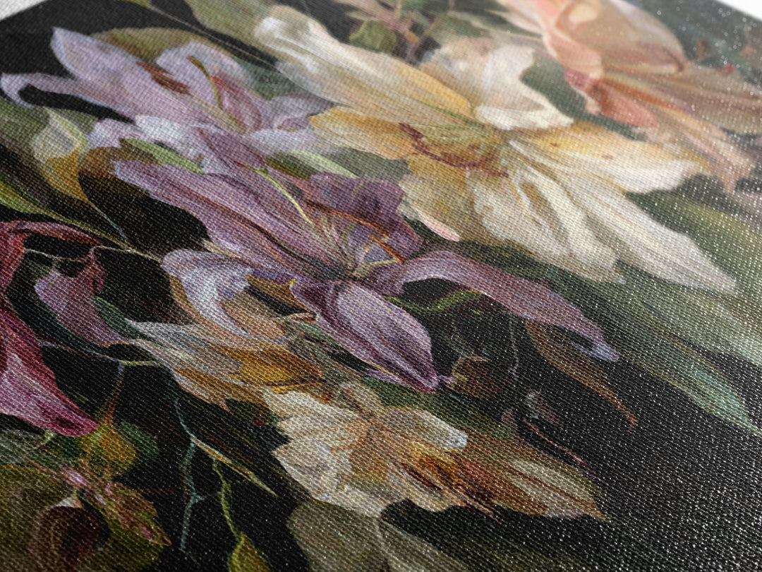 Lily Bouquet with Dramatic Dark Background Canvas Print, Floral Art, Printable, Living Room Decor, Oil Painting, Bloom, FLO-2x1-64