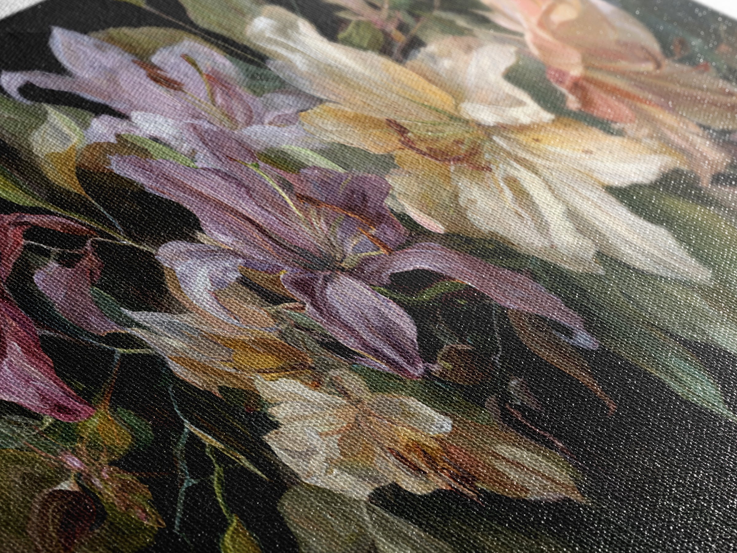 Lily Bouquet with Dramatic Dark Background Canvas Print, Floral Art, Printable, Living Room Decor, Oil Painting, Bloom, FLO-2x1-64
