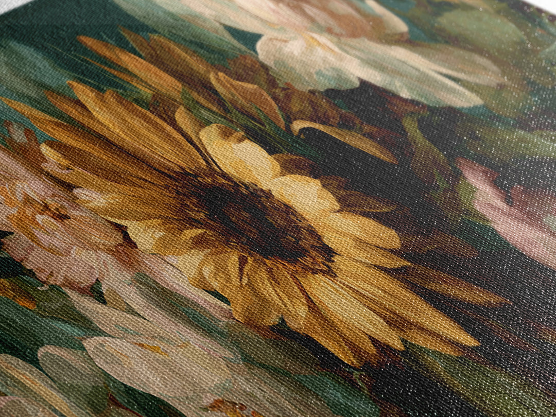 Sunflower Bouquet in Bold Golden Tones Canvas Print, Floral Art, Art Nouveau Locket, Living Room Decor, Fine Art, Bloom, FLO-3x1-45