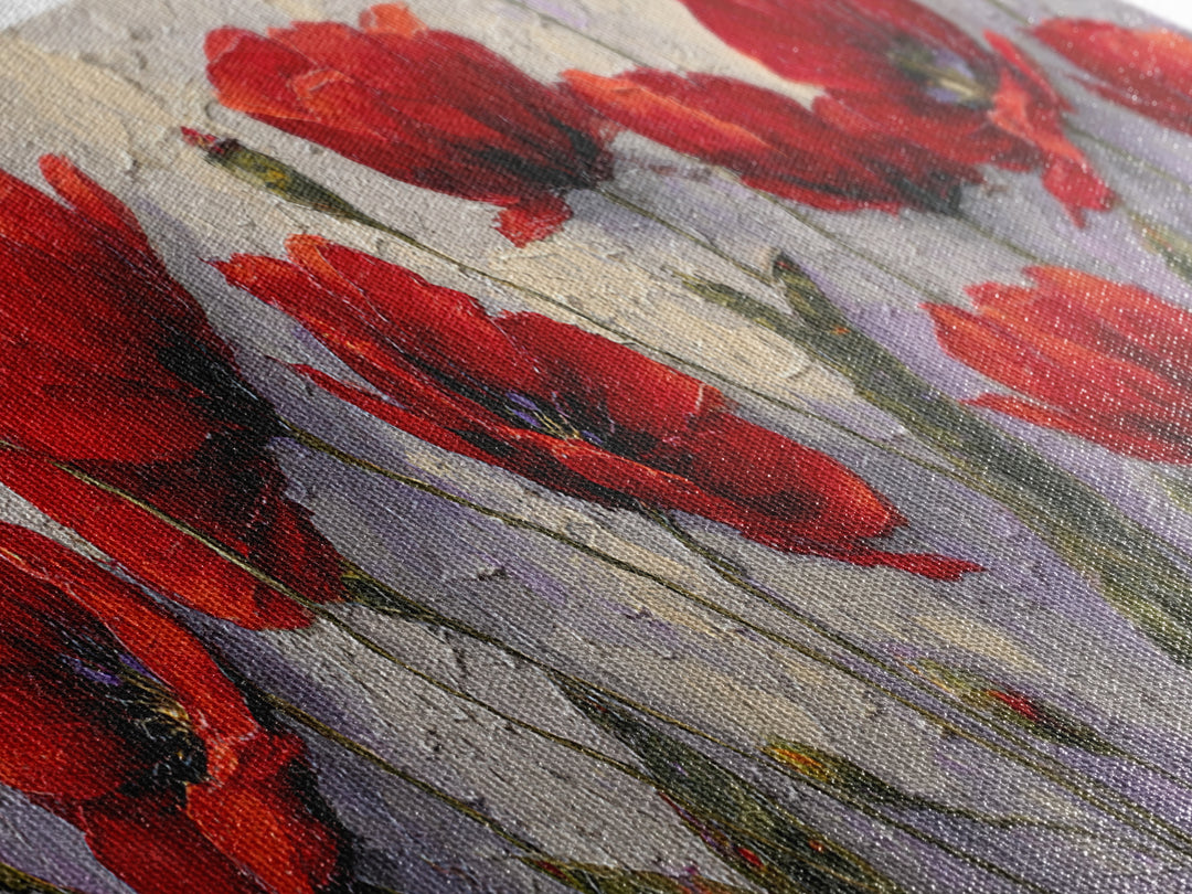 Poppy Field with Red Petals and Green Canvas Print, Floral Art, Textured Painting, Living Room Decor, Fine Art, Bloom, FLO-3x1-96